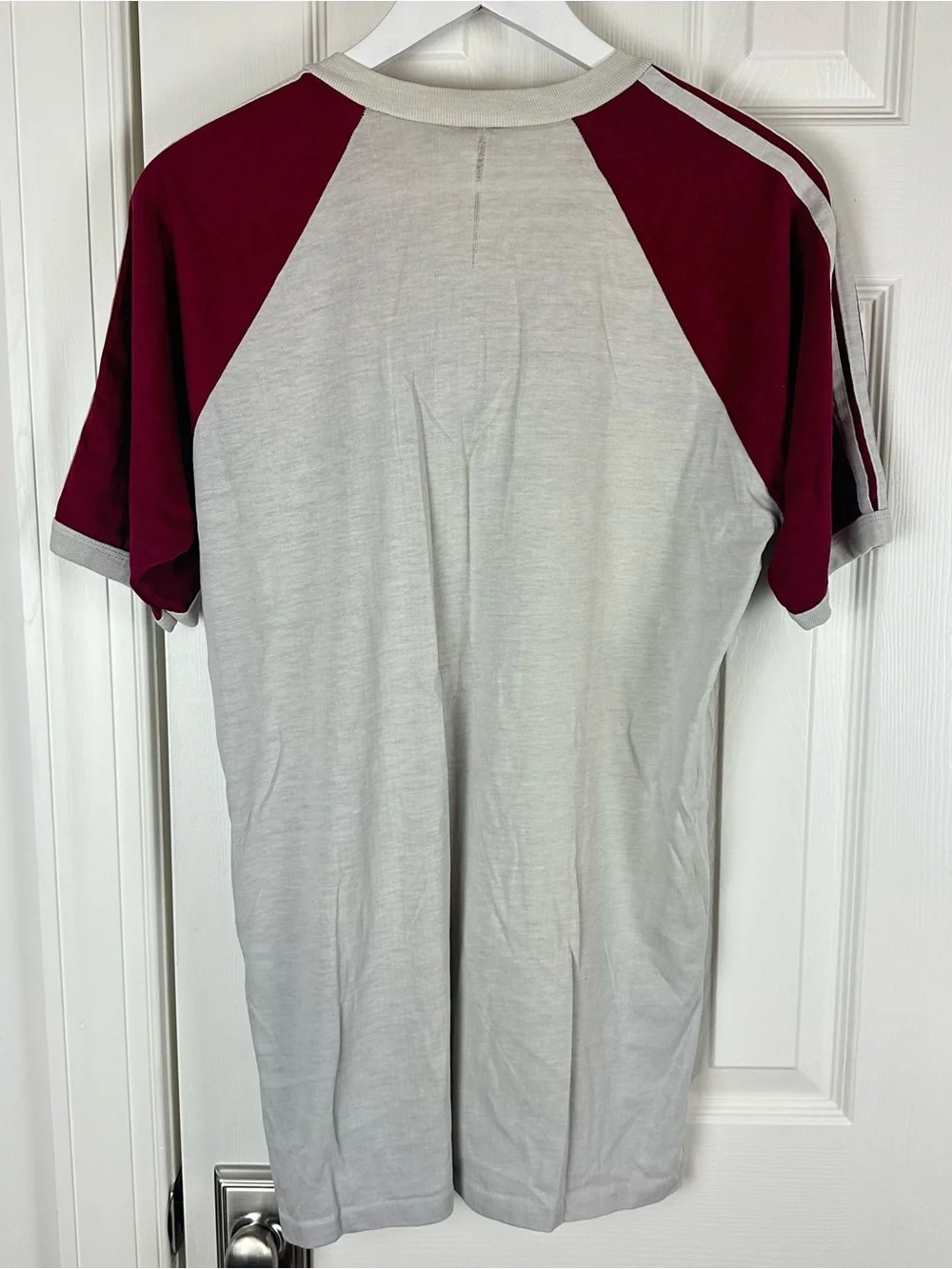 Vintage 80’s Adidas Gray Tee with Burgundy Raglan Sleeves and Trefoil Logo